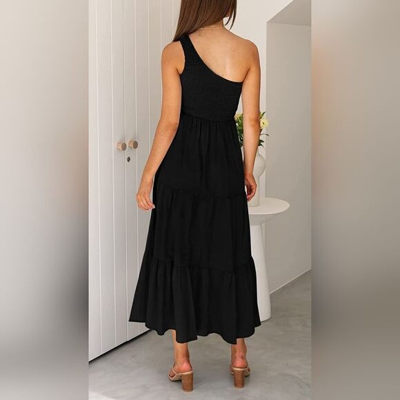 NWT Summer Boho One Shoulder Sleeveless Ruffle Beach Party Tiered Midi Dress - Picture 4 of 9